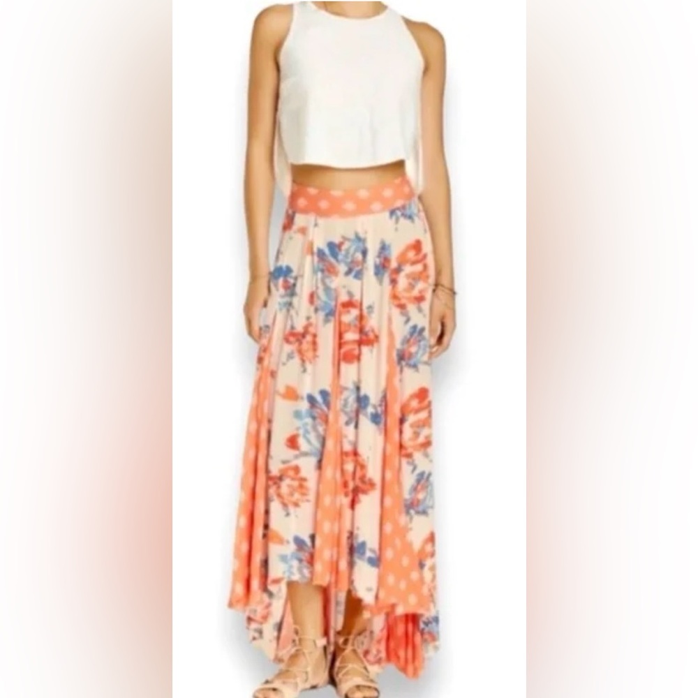 Free People Coral and Blue Floral Maxi Skirt